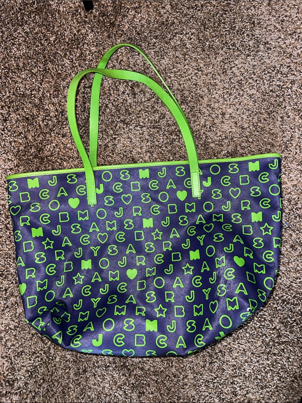 Marc Jacobs Navy Tote with Neon Green Patterned Accents